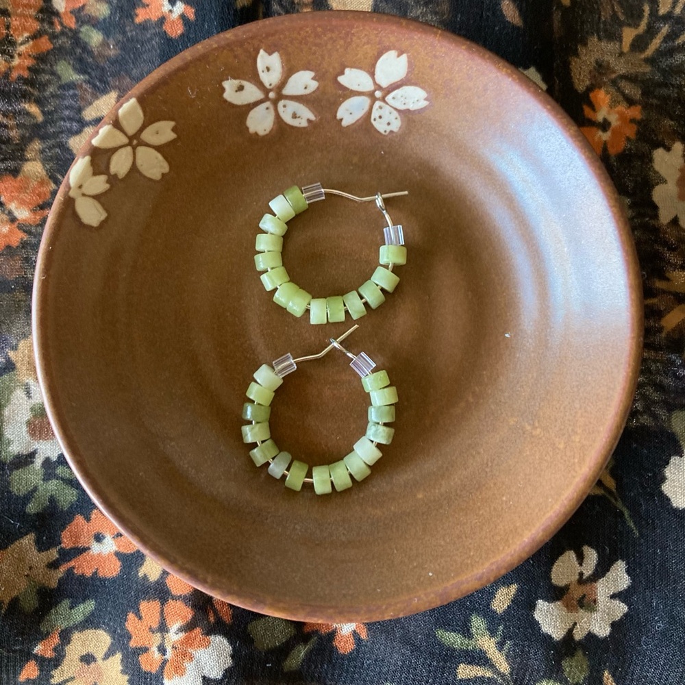 Green South Jade Beaded Hoop Earrings